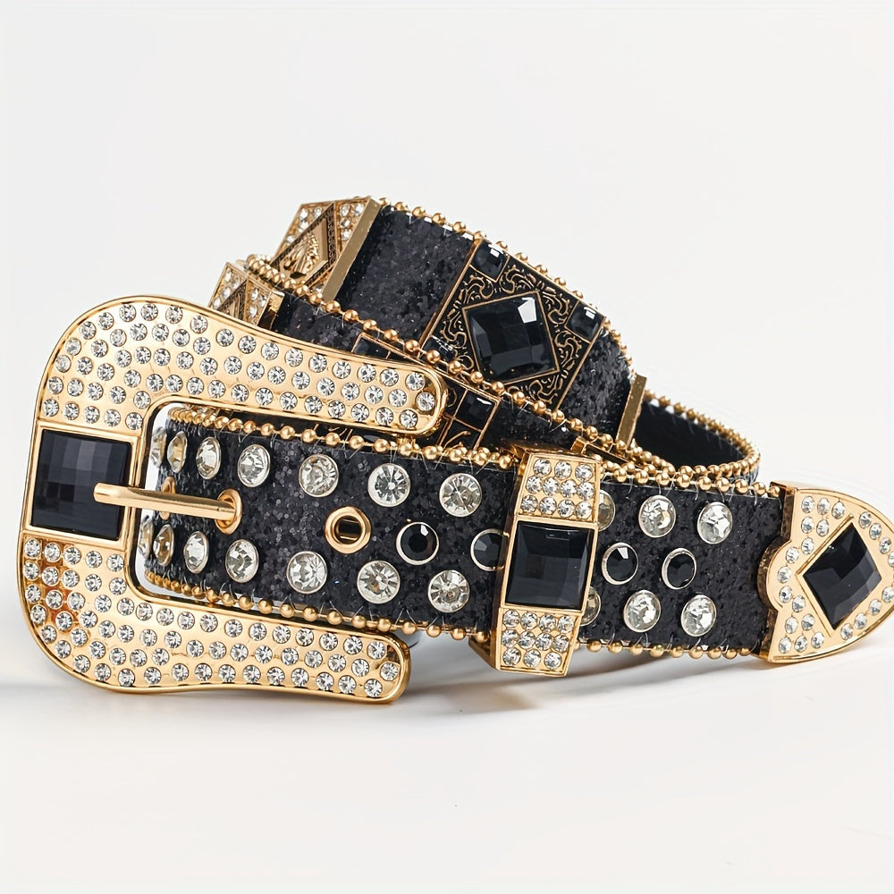 Rhinestone Punk Belt for Women - European American Style Rock & Roll Fashion Belt with Inlaid Rhinestones & Sequins, Zinc Alloy Golden Buckle, Glamorous Party Festival & Everyday Outfit Accessory