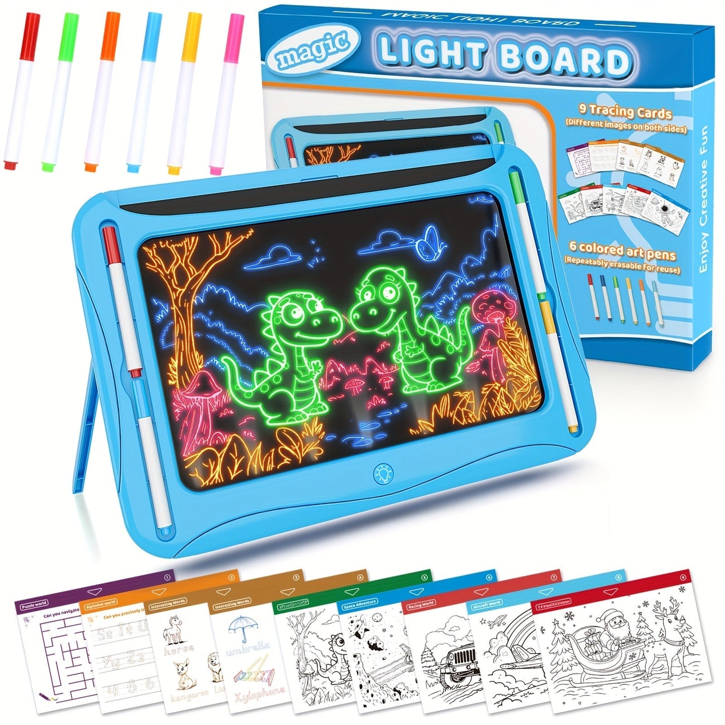 LED Light-Up Drawing Doodle Board for Kids Ages 3-8 – Glow Writing Art Set with 9 Double-Sided Cards & 6 Markers, Educational Learning Travel Toy, Birthday & Christmas Gift for Girls Boys