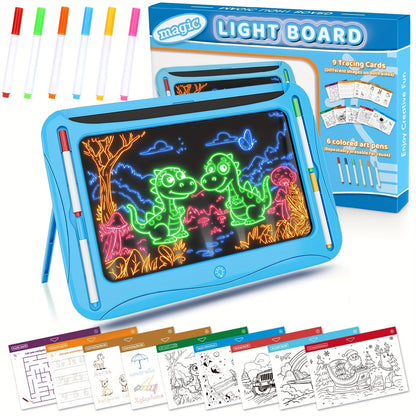 LED Light-Up Drawing Doodle Board for Kids Ages 3-8 – Glow Writing Art Set with 9 Double-Sided Cards & 6 Markers, Educational Learning Travel Toy, Birthday & Christmas Gift for Girls Boys
