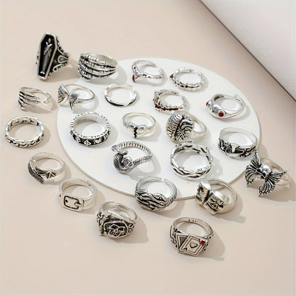 24pcs Retro Punk Ring Set for Women Men – Dark Style Spider Skull Cross Vintage Gothic Rings, Adjustable Stackable Jewelry for Daily Wear, Party, Halloween & Gift