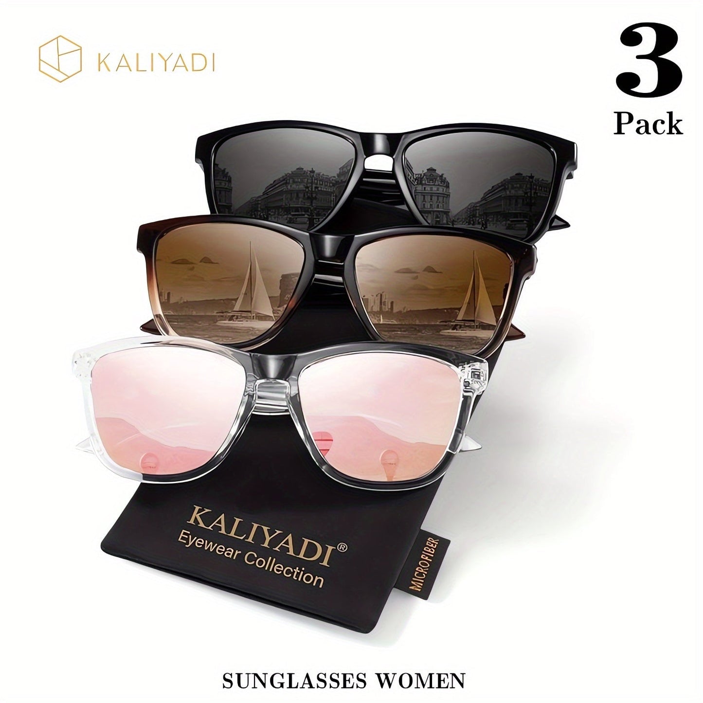 KALIYADI Women's Polarized Sunglasses 3-Pack – Trendy Fashion Shades for Shopping Street Photography Decoration, UV Protection Stylish Eyewear Gift Set in Multiple Color Combinations