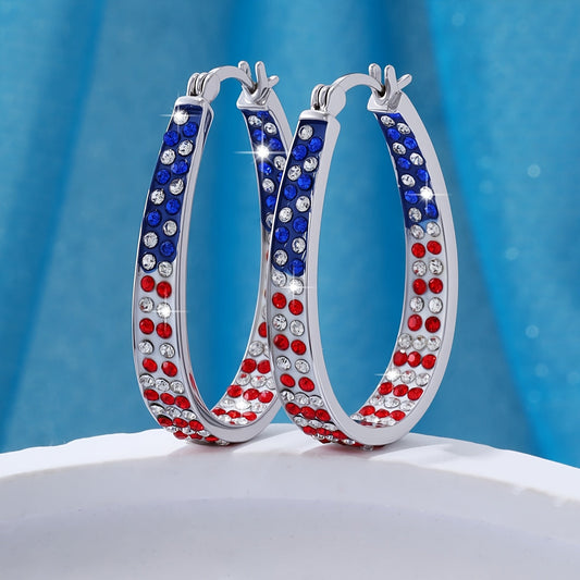 Bohemian Retro Hoop Earrings for Women – Colorful Star & Dot Design with Blue Red White Zircon Crystals, Lightweight Zinc Alloy, Chunky Statement Earrings for Festival, Vacation & Holiday Gift