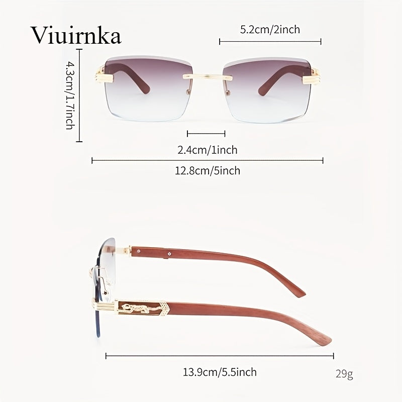 Vintage Rimless Rectangle Sunglasses for Women Men – Trendy Leopard Temple UV Protection Eyewear, 7 Lens Colors, Stylish Unisex Glasses for Outdoor, Driving, Travel, Parties & Daily Wear