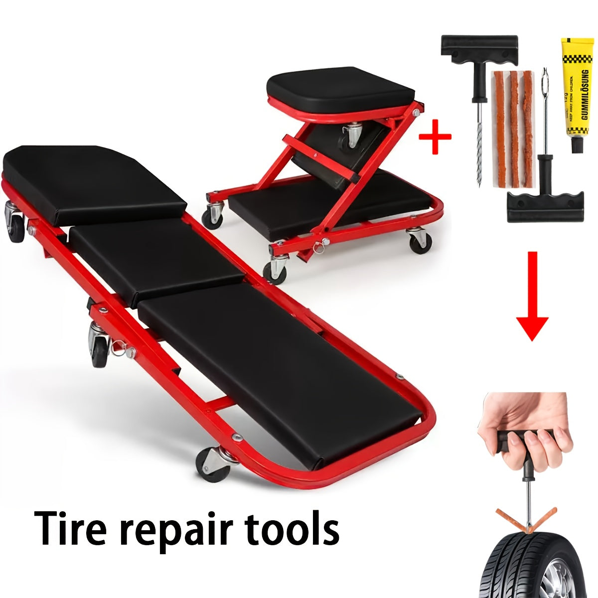 36 Inch Folding Mechanic Creeper Z-Crawl Board with 6 Swivel Wheels – Adjustable Load Board Car Crawl Seat with Tool Kit, Deck Repair & Tire Repair Accessories, DIY Auto Mechanic Gift for Men, Husbands & Car Enthusiasts
