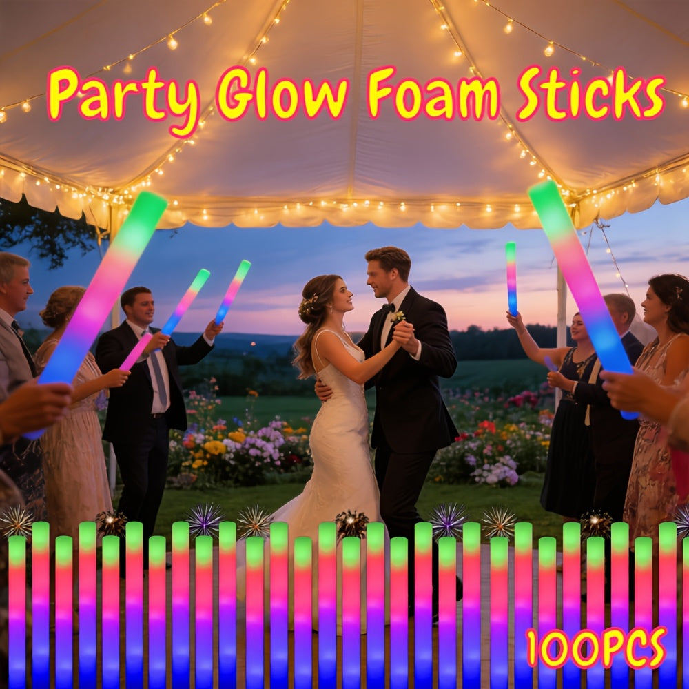 LED Foam Light Sticks Bulk Pack 28 48 or 100 Pieces – 3-Mode Color Changing Flashing Glow Sticks for Parties Weddings Concerts Birthdays Halloween Christmas Camping and Cheering Events