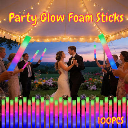 LED Foam Light Sticks Bulk Pack 28 48 or 100 Pieces – 3-Mode Color Changing Flashing Glow Sticks for Parties Weddings Concerts Birthdays Halloween Christmas Camping and Cheering Events