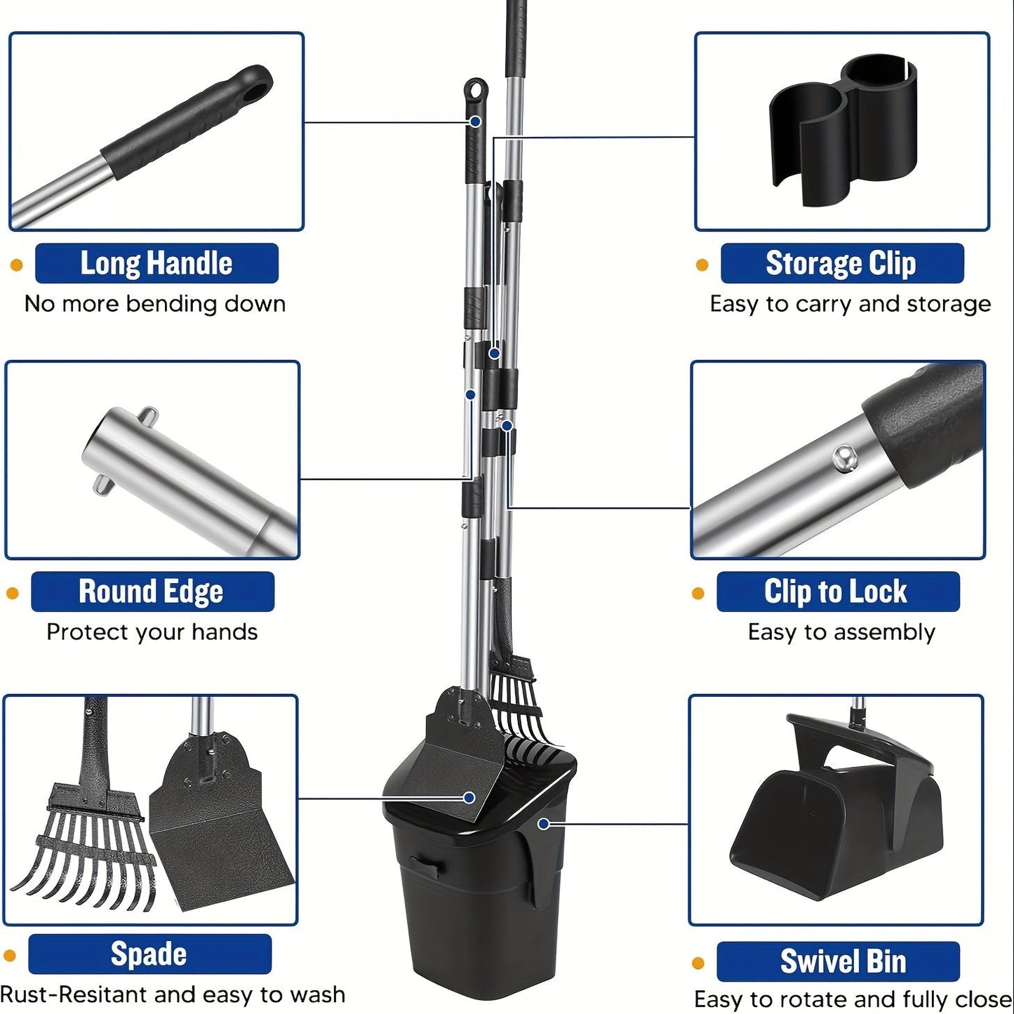 Dog Pooper Scooper Set Heavy Duty with Swivel Bin, Rake & Spade – Long Handle Pet Waste Removal Tool for Grass, Dirt & Gravel, Includes 40 Waste Bags, Great for Large Dogs
