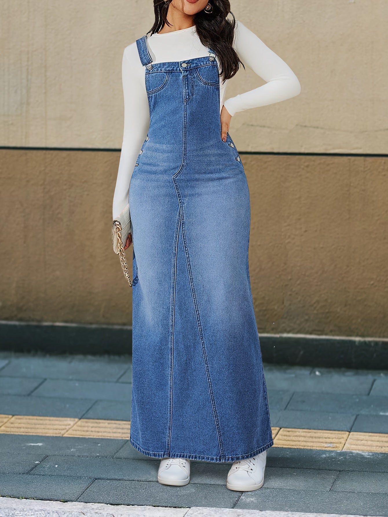 Women's Non-Stretch Denim Dress – Loose Fit Long Skirt with Detachable Strap & Button Closure, Casual to Formal Versatile Denim Dress, Blue & Light Blue, Sizes XS-XXL