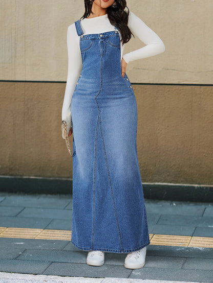 Women's Non-Stretch Denim Dress – Loose Fit Long Skirt with Detachable Strap & Button Closure, Casual to Formal Versatile Denim Dress, Blue & Light Blue, Sizes XS-XXL