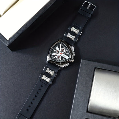 3pcs Men's Quartz Watch Set – Silicone Strap Date Display Triangular Dial, Fashion Sport Casual Wrist Watches for Men, Ideal Birthday Anniversary Gift Set