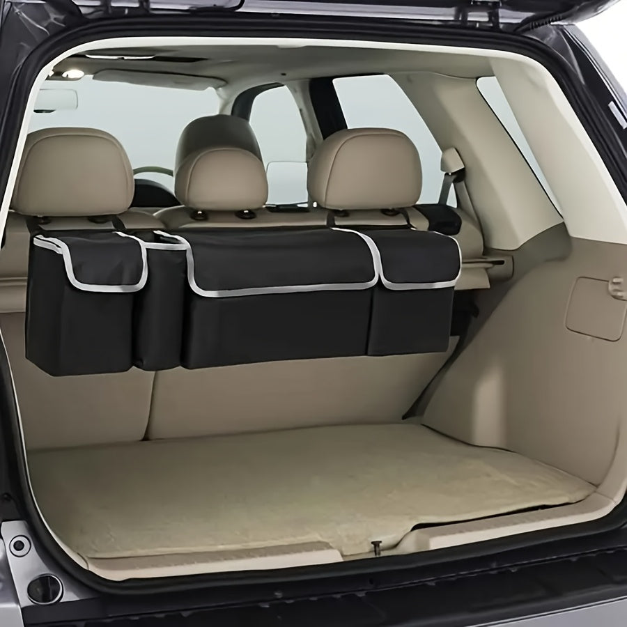 Car Trunk Organizer Rear Seat Hanging Storage Bag with 4 Pockets Foldable Cargo Bag for SUV Truck MPV Van – Black Multi-Pocket Car Interior Storage Organizer for Travel & Daily Use