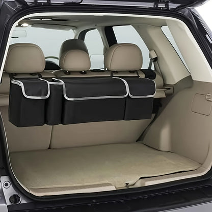 Car Trunk Organizer Rear Seat Hanging Storage Bag with 4 Pockets Foldable Cargo Bag for SUV Truck MPV Van – Black Multi-Pocket Car Interior Storage Organizer for Travel & Daily Use