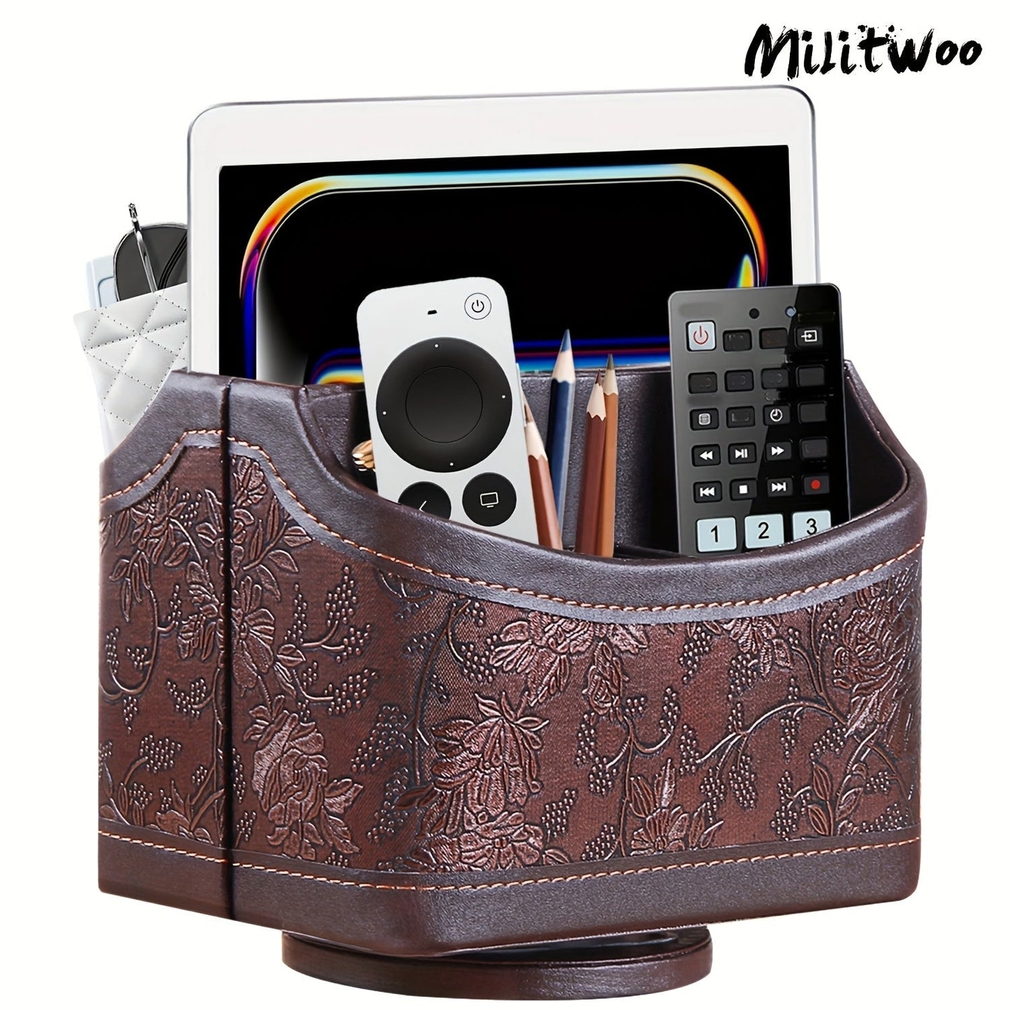 360° Swivel Remote Control Holder – 5-Compartment PU Leather Desk Organizer for TV Remotes, Phones, Eyeglasses, Pens & Office Accessories, Rotating Desktop Storage Caddy
