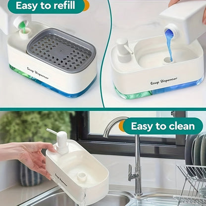 2-in-1 Soap Dispenser with Built-In Sponge Holder for Kitchen Sink – Countertop Pump Dispenser for Hand & Dish Soap, Detergent Dispenser, Easy Refill, Ideal Kitchen Organizer