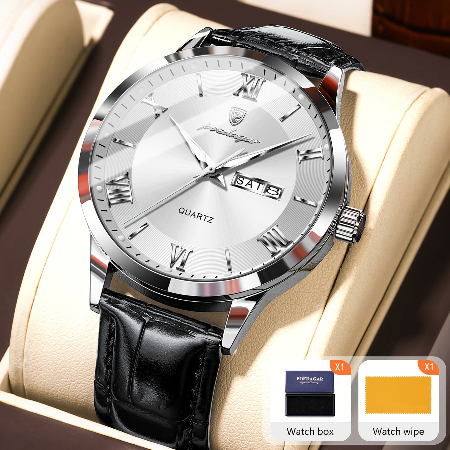 POEDAGAR Men's Quartz Watch Waterproof Luminous Dial Calendar Week Display – Casual Sports Analog Wristwatch Alloy Case 11 Colors Silver Gold Black Blue Gift for Men