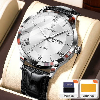 POEDAGAR Men's Quartz Watch Waterproof Luminous Dial Calendar Week Display – Casual Sports Analog Wristwatch Alloy Case 11 Colors Silver Gold Black Blue Gift for Men