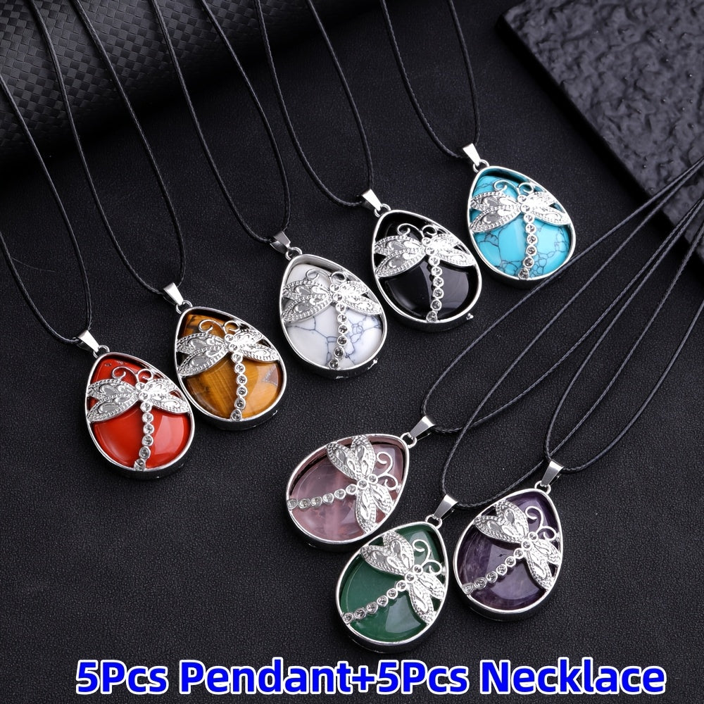 10-Piece Dragonfly Pendant Necklace Set for Women & Girls – 5 Natural Water Drop Shaped Dragonfly Pendants + 5 Adjustable Rope Necklaces, Boho Nature Jewelry Gift Set