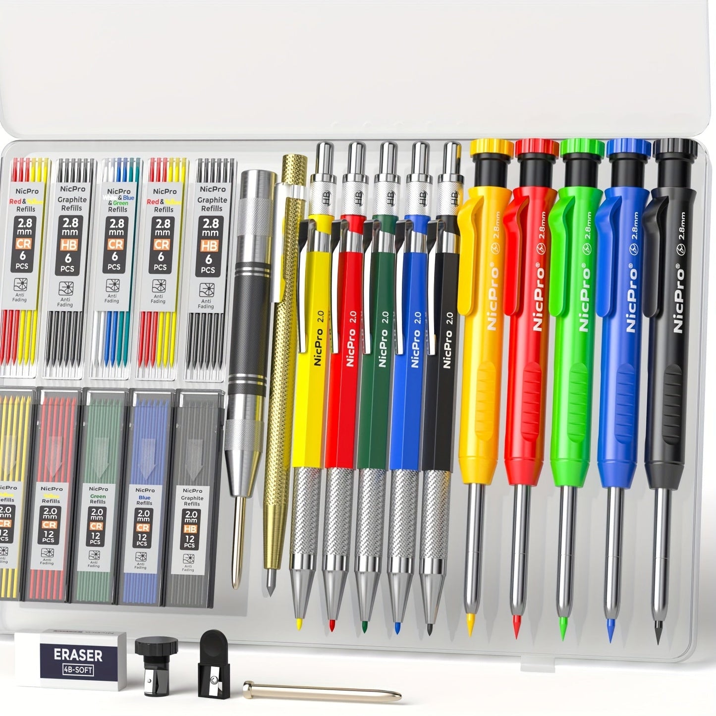 Carpenter Pencil Set with Sharpener – Mechanical Pencils with Refills, Automatic Center Punch & Carbide Scribe Tools in Sturdy Case, 15/16/17/18/27-Piece Pro Marking Kit for Woodworking