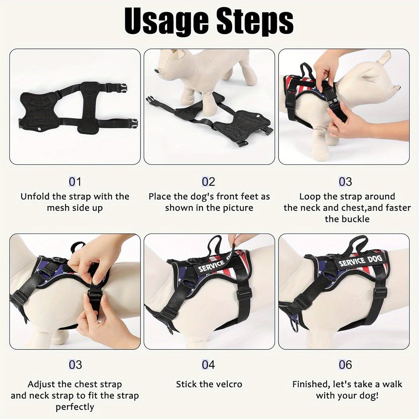 No-Pull Dog Harness Set Reflective Vest with 5 Patches – Adjustable Soft Oxford Mesh Service Dog Harness Front & Back Clip for Small Medium Large Dogs XS to XL