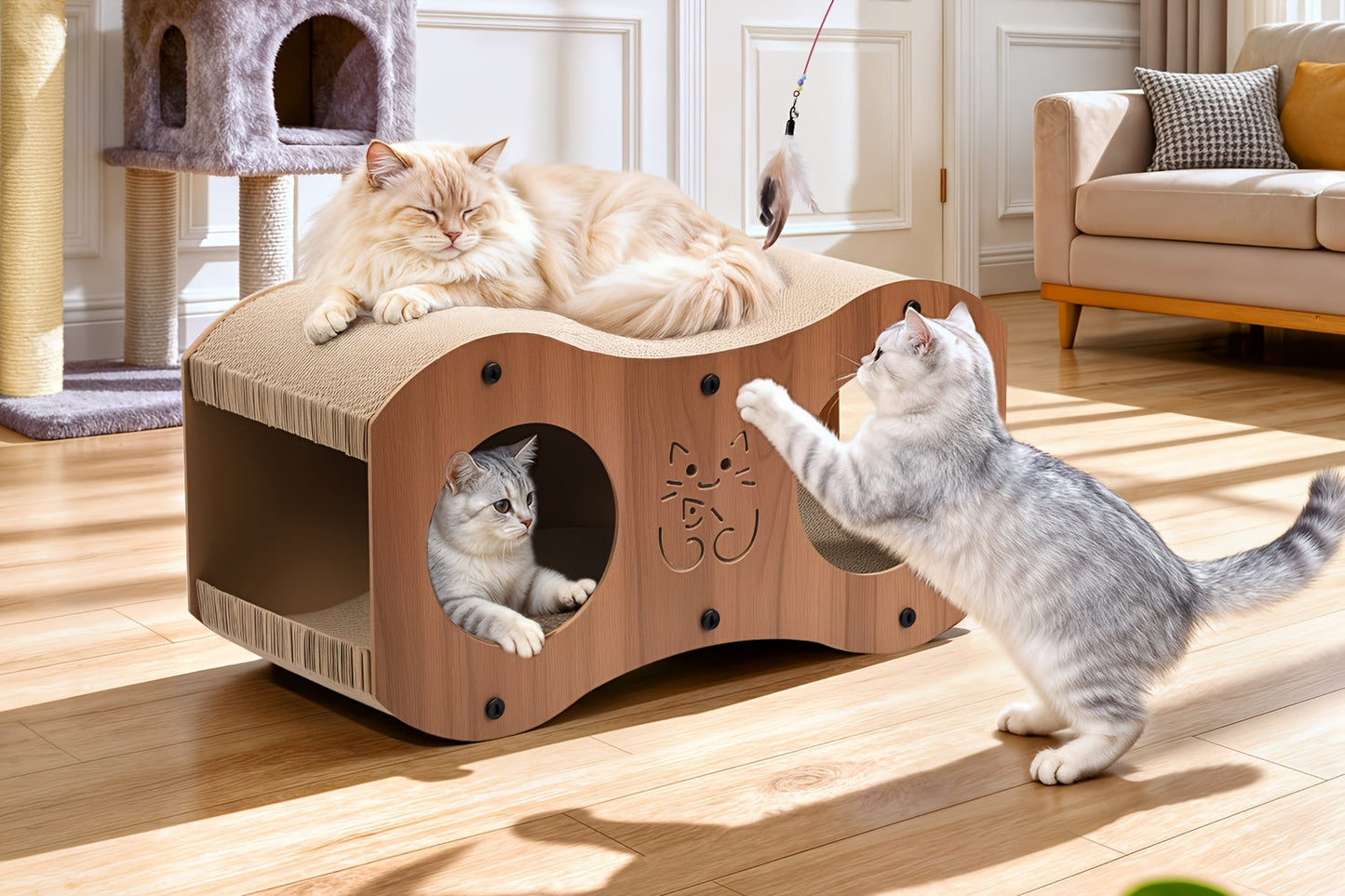 Walnut Cat Scratching Post with Integrated Cat Bed – 4-Season Woven Scratch Pad, Indoor Cat Scratcher for Lounging & Play, All Breeds
