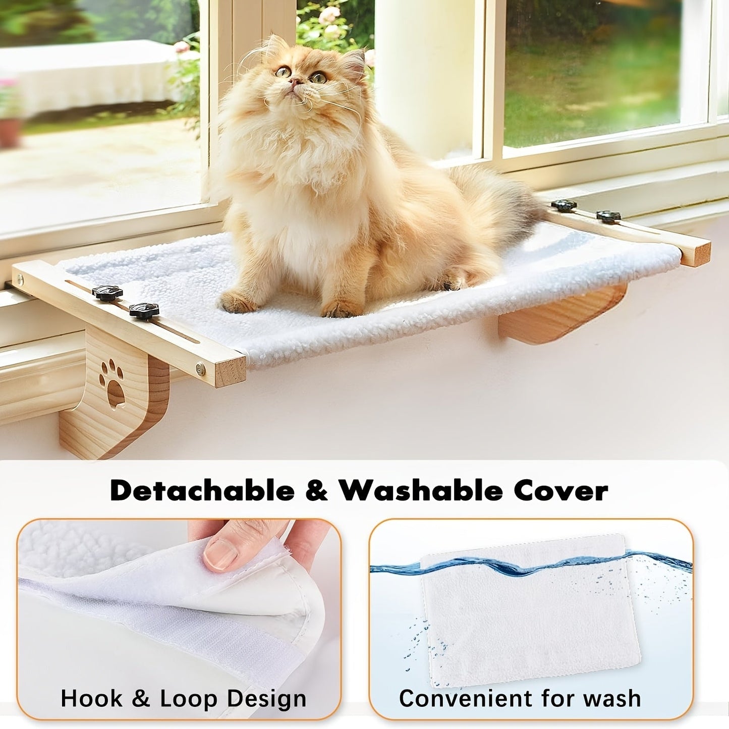 Cat Window Perch & Hammock for Indoor Cats – Sturdy Wood & Metal Frame, Easy-Adjust Mount for Windowsill, Bedside, Drawer & Cabinet, Supports Large Cats, Space-Saving Cat Shelf Bed