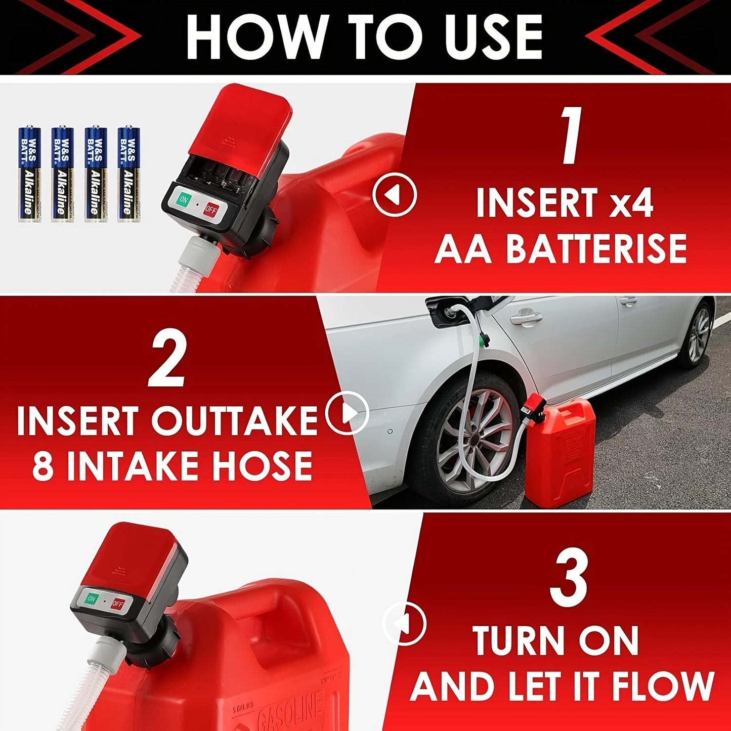 Automatic Fuel Transfer Pump with Auto-Stop - 51 Inch Extra Long Hose, 3.2 Gallons Per Minute, Battery or USB Powered, 4 Can Adapters, Portable Gas Can Pump for Gasoline, Diesel and Oil Transfer