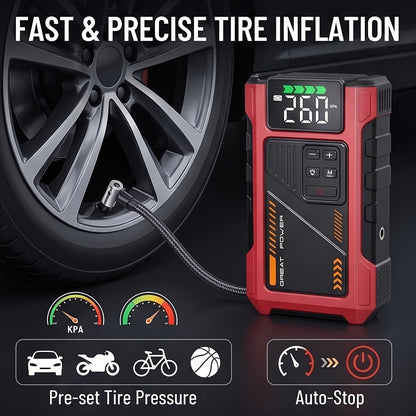 9-in-1 Portable Jump Starter with Air Compressor for 12V Car Up to 8.0L Gas 6.5L Diesel – Battery Booster Pack with Tire Inflator, USB Power Bank, LED Emergency Light & Roadside Kit