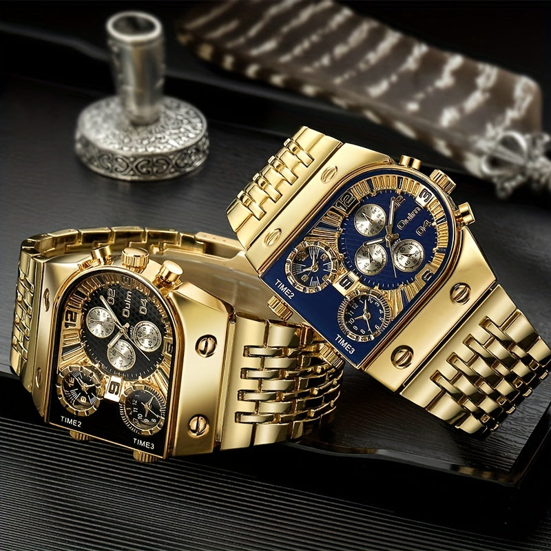 Oulm Men's Multi Time Zone Large Dial Stainless Steel Band Business Quartz Watch Dual Display Black Blue Gift for Him