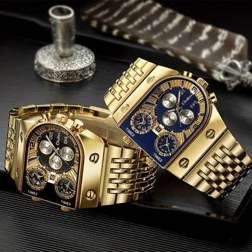 Oulm Men's Multi Time Zone Large Dial Stainless Steel Band Business Quartz Watch Dual Display Black Blue Gift for Him