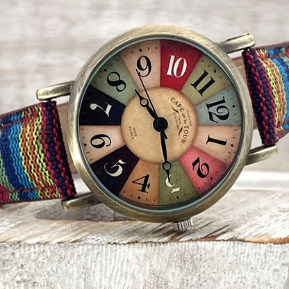 Colorful Bohemian Women’s Quartz Watch – Striped Band Analog Wristwatch with Stainless Steel Case, Shock Resistant, Fun Boho Style for Daily Wear & Gifts