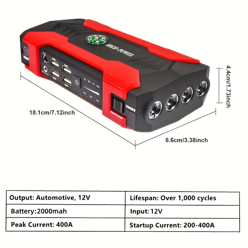 2000A Peak Portable Car Jump Starter Wireless Battery Booster – 12V Quick Start for Gas (8.0L) & Diesel (1.72 Gal) Engines with USB Input/Output, LED Emergency Light – Car Accessory & Emergency Tool