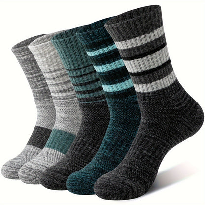 5 Pairs Merino Wool Hiking Socks for Men & Women – Compression Support, Thick Cushion, Sweat-Absorbing Breathable Outdoor Socks – Multicolor & Dark Colors, Sizes M & L