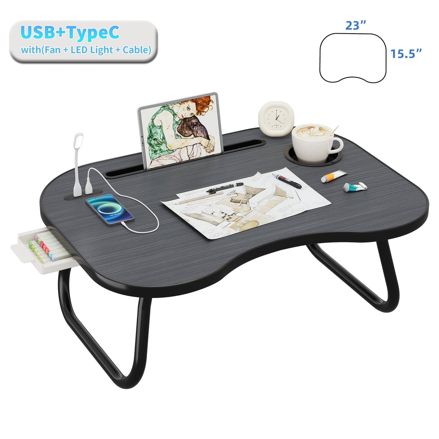 Lap Desk for Laptop with USB Port Storage Drawer & Cup Holder – Walnut Wood Bed Tray Table for Eating Writing Sofa Couch Adults Students