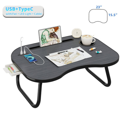Lap Desk for Laptop with USB Port Storage Drawer & Cup Holder – Walnut Wood Bed Tray Table for Eating Writing Sofa Couch Adults Students