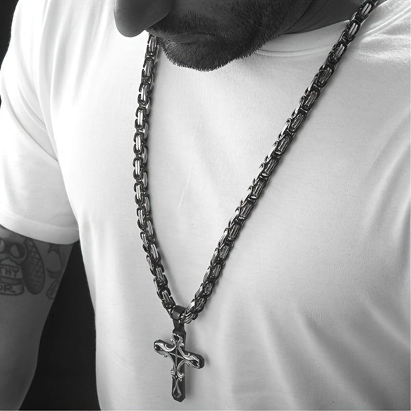 Men's Stainless Steel Cross Necklace Set 2pcs Cuban Chain with Cross Pendant Retro Hip Hop Fashion Jewelry for Men - Bold Statement Necklace Gift for Him Birthday Christmas