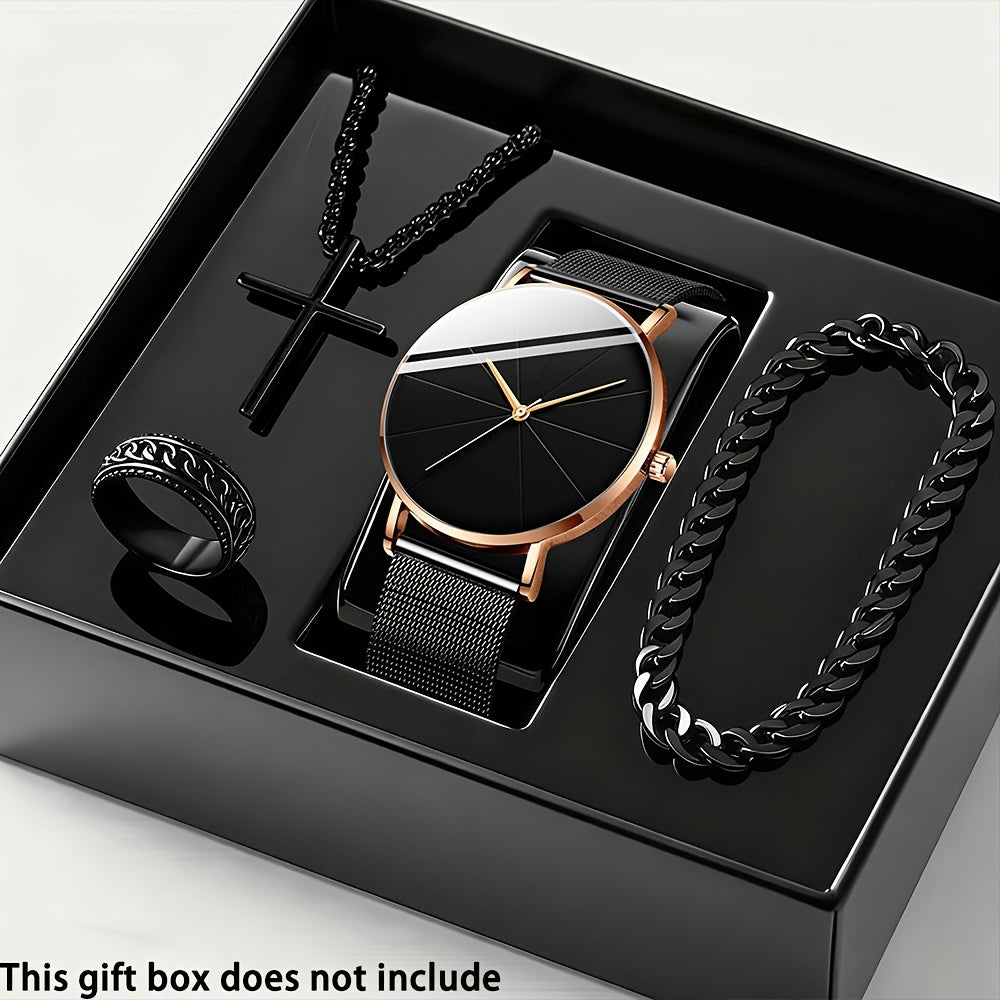 4-Piece Men's Quartz Watch and Bracelet Gift Set - Elegant Alloy Case Round Dial Sports Casual & Business Wristwatches with Matching Bracelet for Everyday Wear, Birthdays & Anniversaries