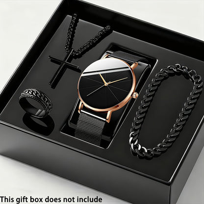 4-Piece Men's Quartz Watch and Bracelet Gift Set - Elegant Alloy Case Round Dial Sports Casual & Business Wristwatches with Matching Bracelet for Everyday Wear, Birthdays & Anniversaries