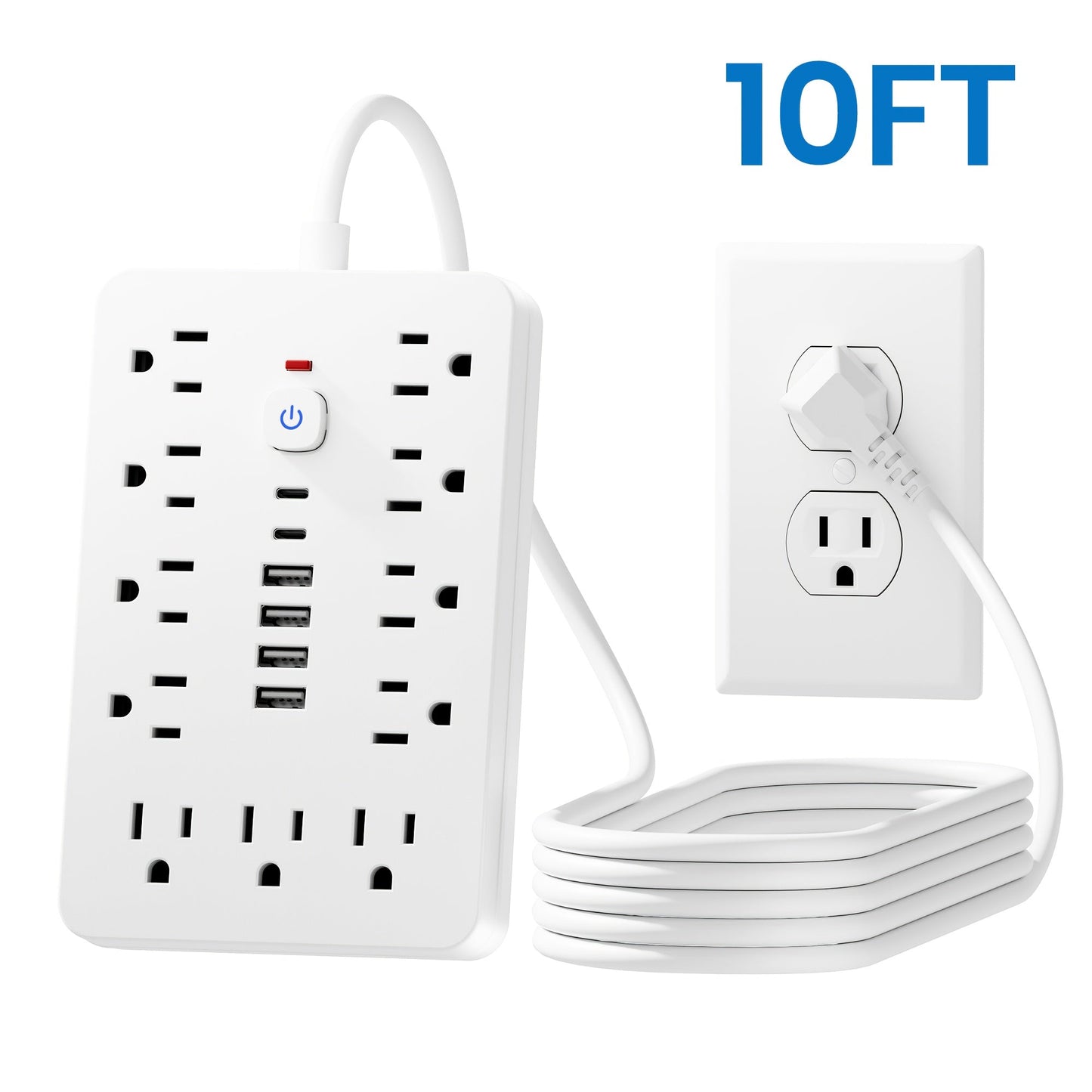 Surge Protector Power Strip 11 AC Outlets | 4 USB-A & 2 USB-C Ports, Overload Protection, Short/5FT/10FT Extension Cord – Multi-Outlet Power Socket for Home, Office, Desk & School – White & Black
