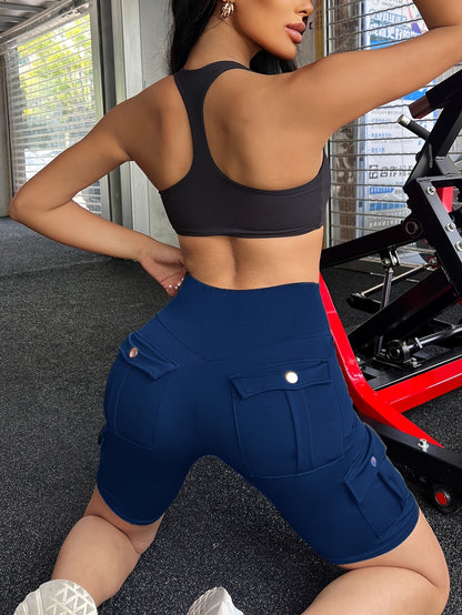 Women's High Waist Yoga Shorts with Pockets – Solid Color Soft Stretch Workout Shorts for Yoga Gym Running, Flattering Fit, Spring Summer Fall Activewear