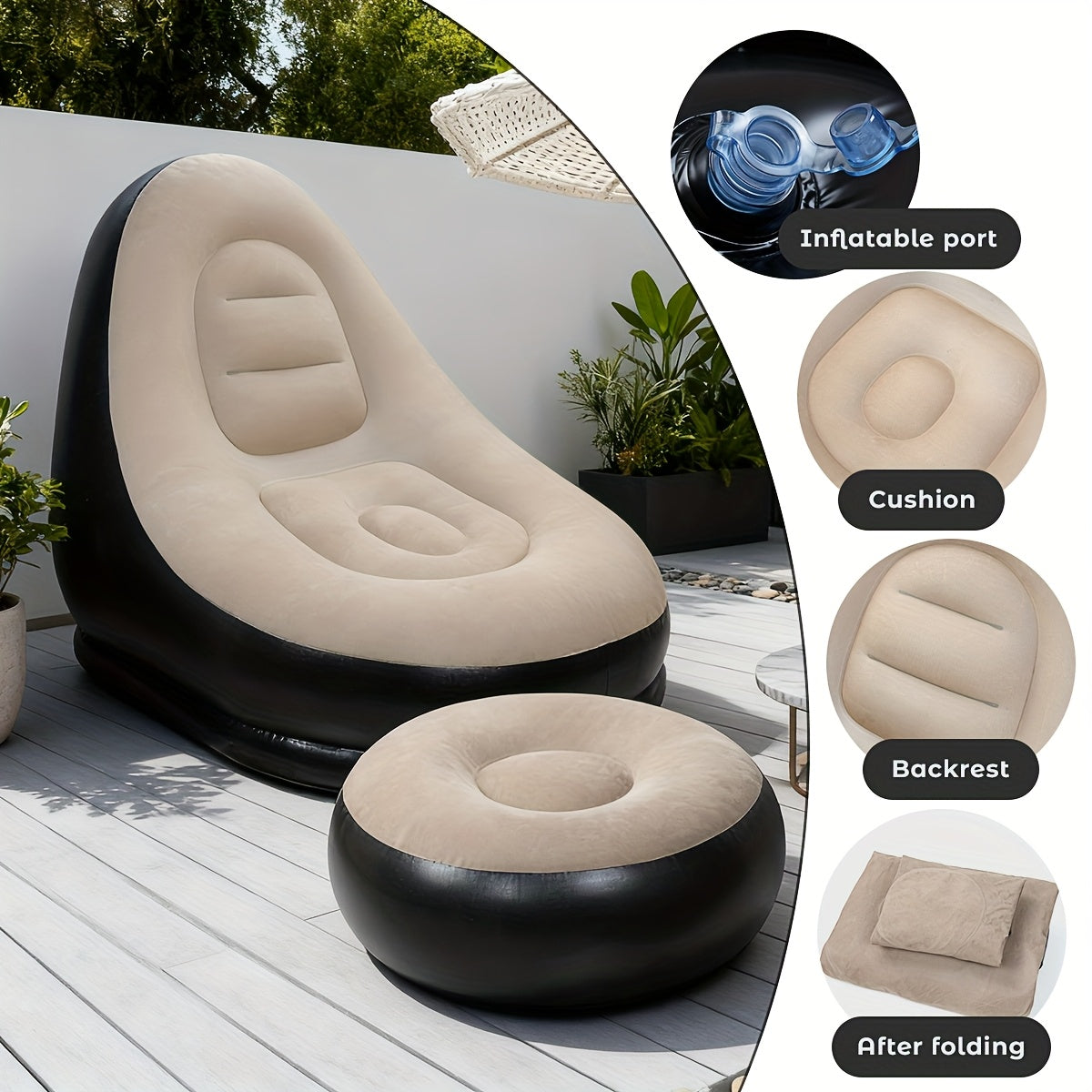 Inflatable Sofa Set 2 Piece Adult Recliner Lounge Chair with Footstool Plush Fabric Heavy Duty Portable Folding Air Couch with Pump Indoor Outdoor Camping Beach Living Room Patio