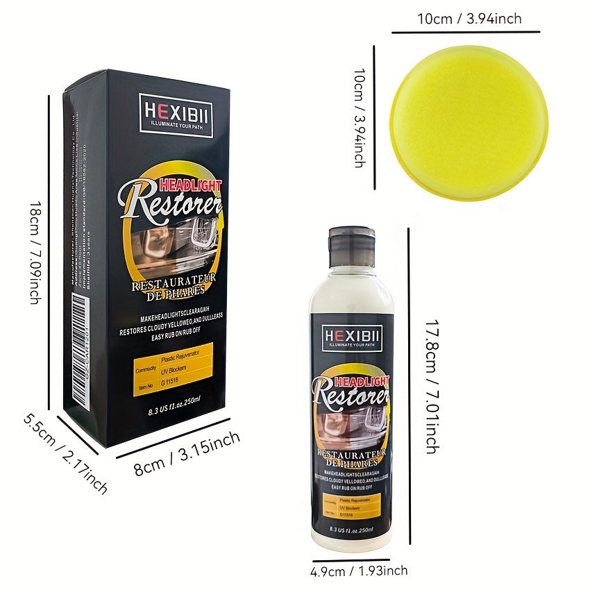 Headlight Restoration Kit 8.5oz - Car Headlight Cleaner Fluid Removes Oxidation, Yellowing & Haze, Crystal Coating Refurbishment Agent for Plastic Lens Covers, Restores Clarity on 6-10 Headlights