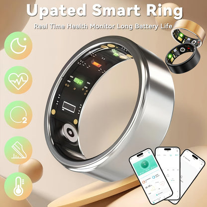 Smart Ring Health Fitness Tracker Bluetooth 5.3 IP68 Waterproof Sport Mode Pedometer Sleep Step Calorie Stress Body Temp Period Tracker for Men Women Android iPhone Gift