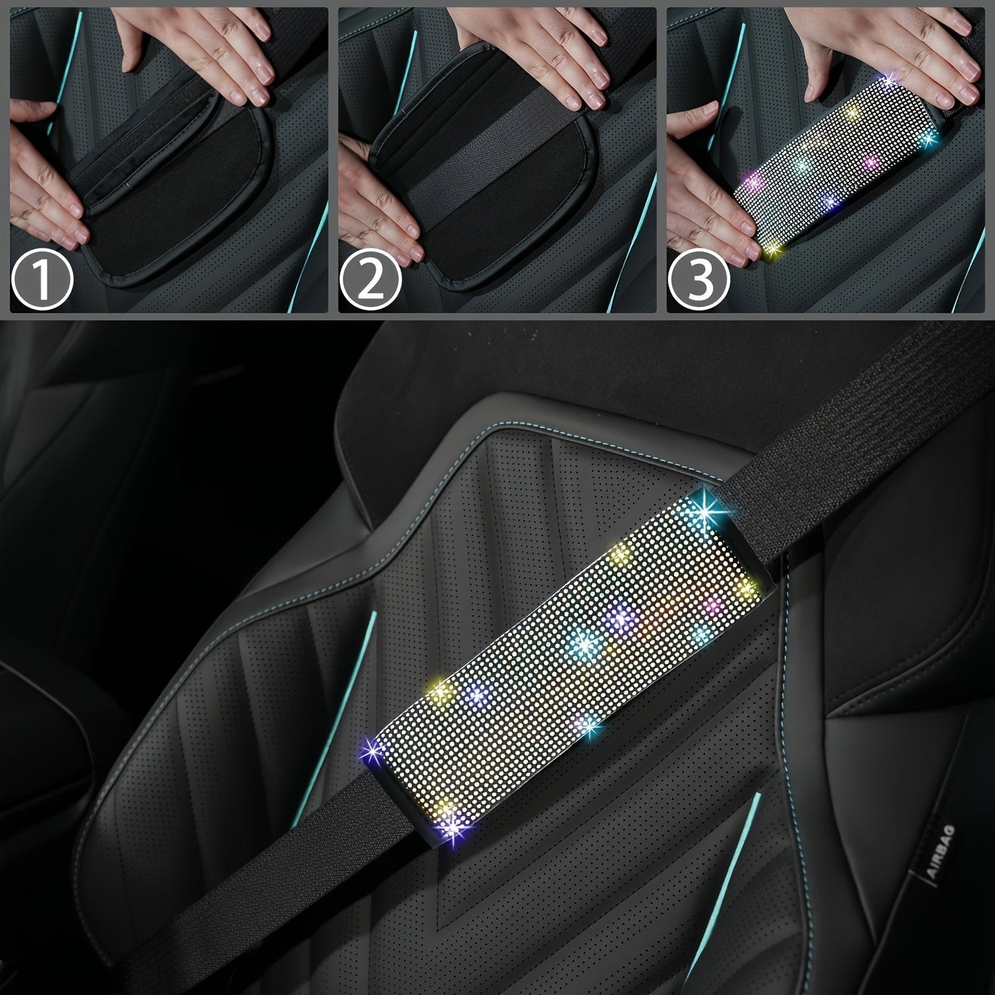 8pc Rhinestone Bling Car Accessories Set for Women – Steering Wheel Cover, Coasters, Seatbelt Pads, Starter Rings & Shift Knob Cover, 7 Colors, Sparkly Glitter Interior Kit