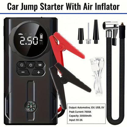 7000A Portable Jump Starter with Air Compressor – 8-in-1 Car Battery Booster, 150PSI Auto-Stop Tire Inflator, Power Bank, LED Emergency Light – Fits Gas up to 9L & Diesel up to 8.5L, 12V Vehicles