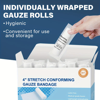 Stretch Gauze Bandage Rolls 24 Count – 4 Inch x 4 Yards, Individually Wrapped Latex-Free Conforming Gauze Wrap for First Aid, Wound Care, Wrist, Knee, Hemostasis, Outdoor & Pet Use