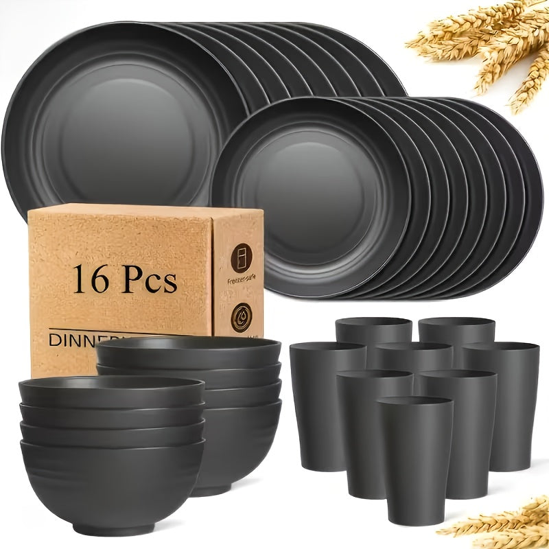 Black Wheat Straw Tableware Set – 16/32 Piece Unbreakable Eco-Friendly Plates Dessert Plates Bowls & Cups for 4-8 People, Outdoor Camping Party Wedding Halloween Kitchen Accessories
