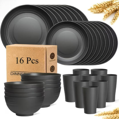 Black Wheat Straw Tableware Set – 16/32 Piece Unbreakable Eco-Friendly Plates Dessert Plates Bowls & Cups for 4-8 People, Outdoor Camping Party Wedding Halloween Kitchen Accessories