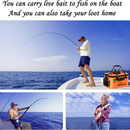 25L Foldable Fishing Bucket Collapsible EVA Live Fish Bait Container – Portable Multifunctional Outdoor Fish Keeper Bag for Carp & Freshwater Fishing, Gift for Men (Blue/Orange)