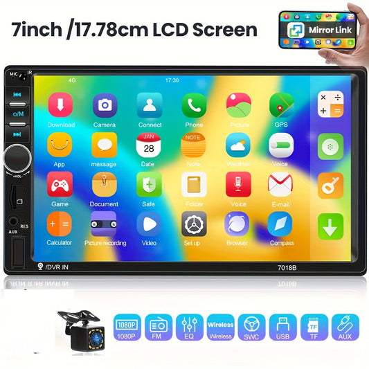 Double Din Car Stereo 7 Inch LCD Touchscreen MP5 Player - Wireless FM Radio, USB/SD/AUX Inputs, Mirror Link, EQ Settings, Universal Fit Head Unit for Car Audio Upgrade, Optional Backup Camera
