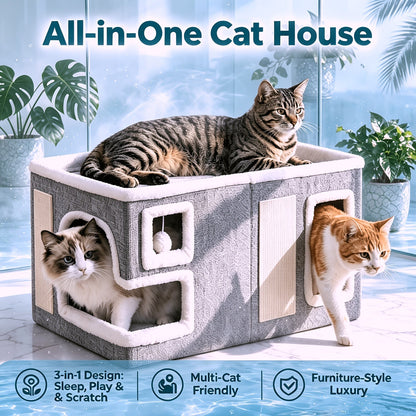 3-in-1 Cat House Indoor Condo – Luxury Wooden Ottoman Style Cat Bed Sleep Play & Scratch, Multi-Cat Friendly Large Cat Cave Hideaway Cube Furniture, Light Gray Standard & Large